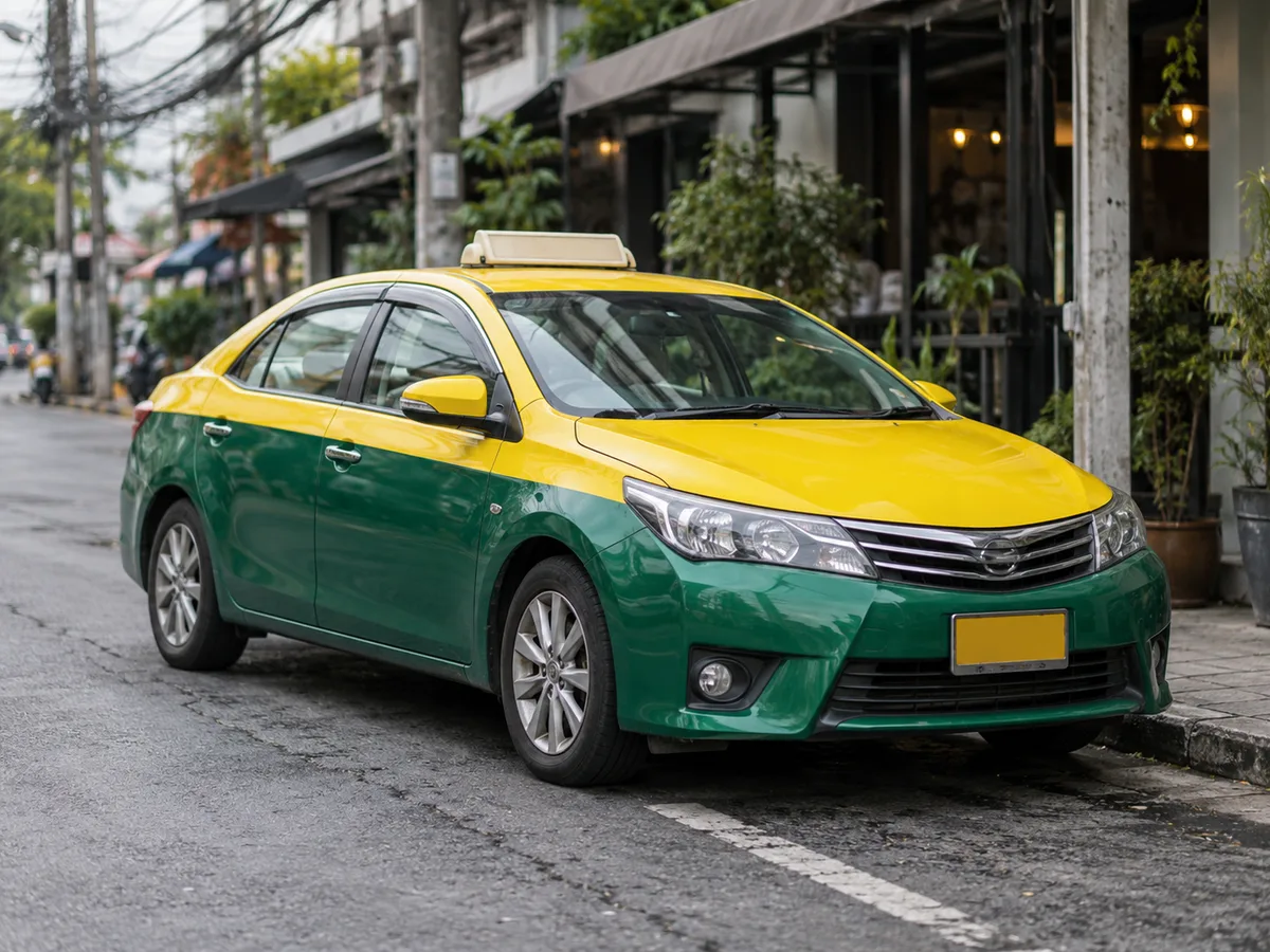 Green-and-yellow taxi parked beside a city kerb (AI-generated editorial image)