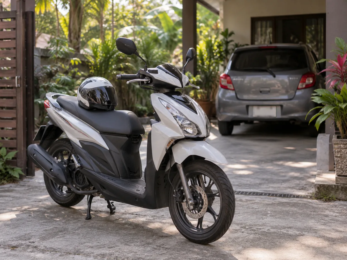 Parked scooter with a helmet and a car in a residential driveway (AI-generated editorial image)