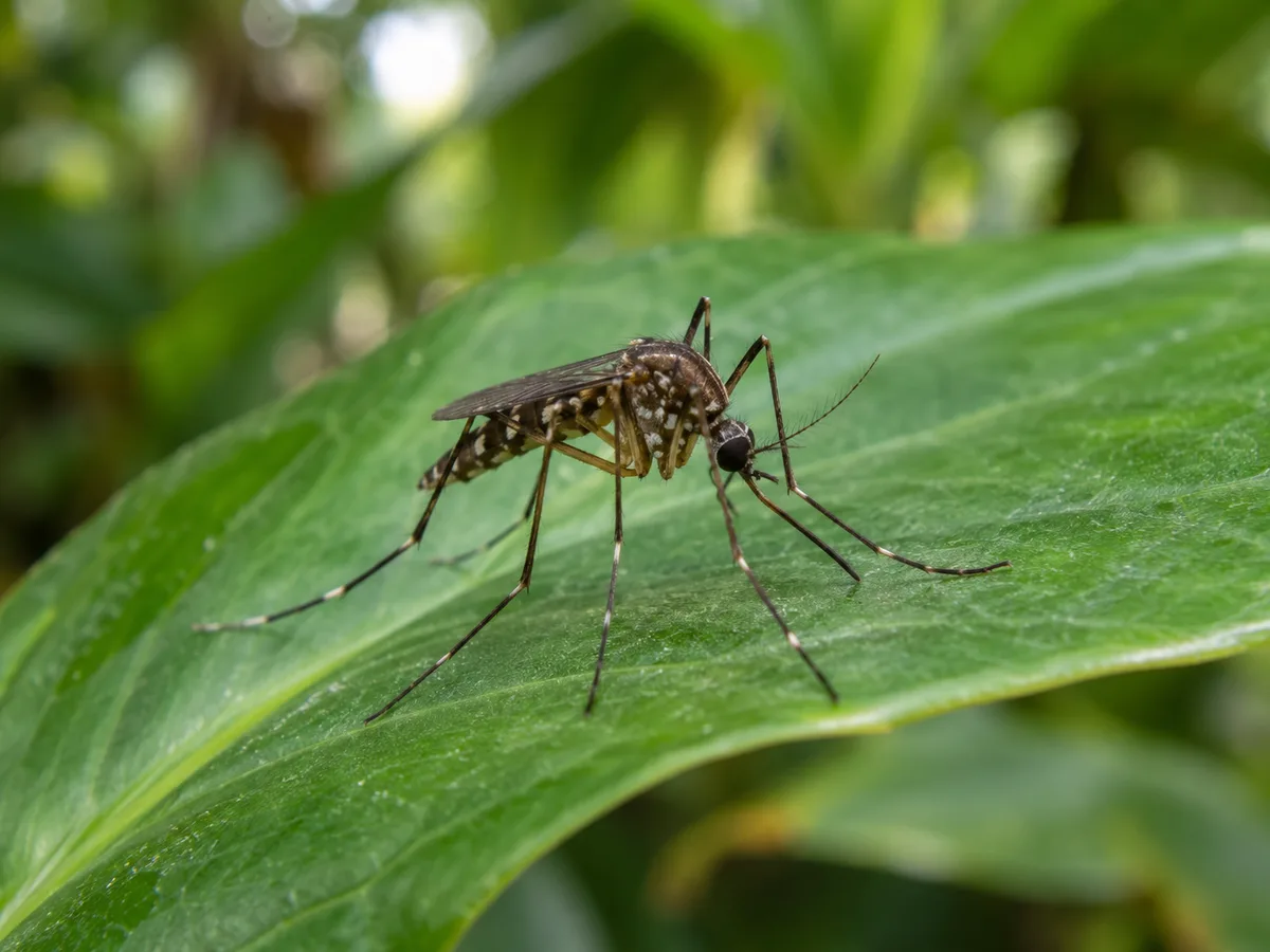 Mosquito resting on a green tropical leaf (AI-generated editorial image)