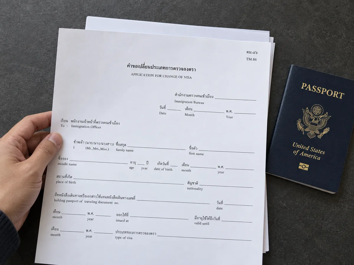 Changing visa status inside Thailand: passport and supporting paperwork (AI-assisted editorial illustration)