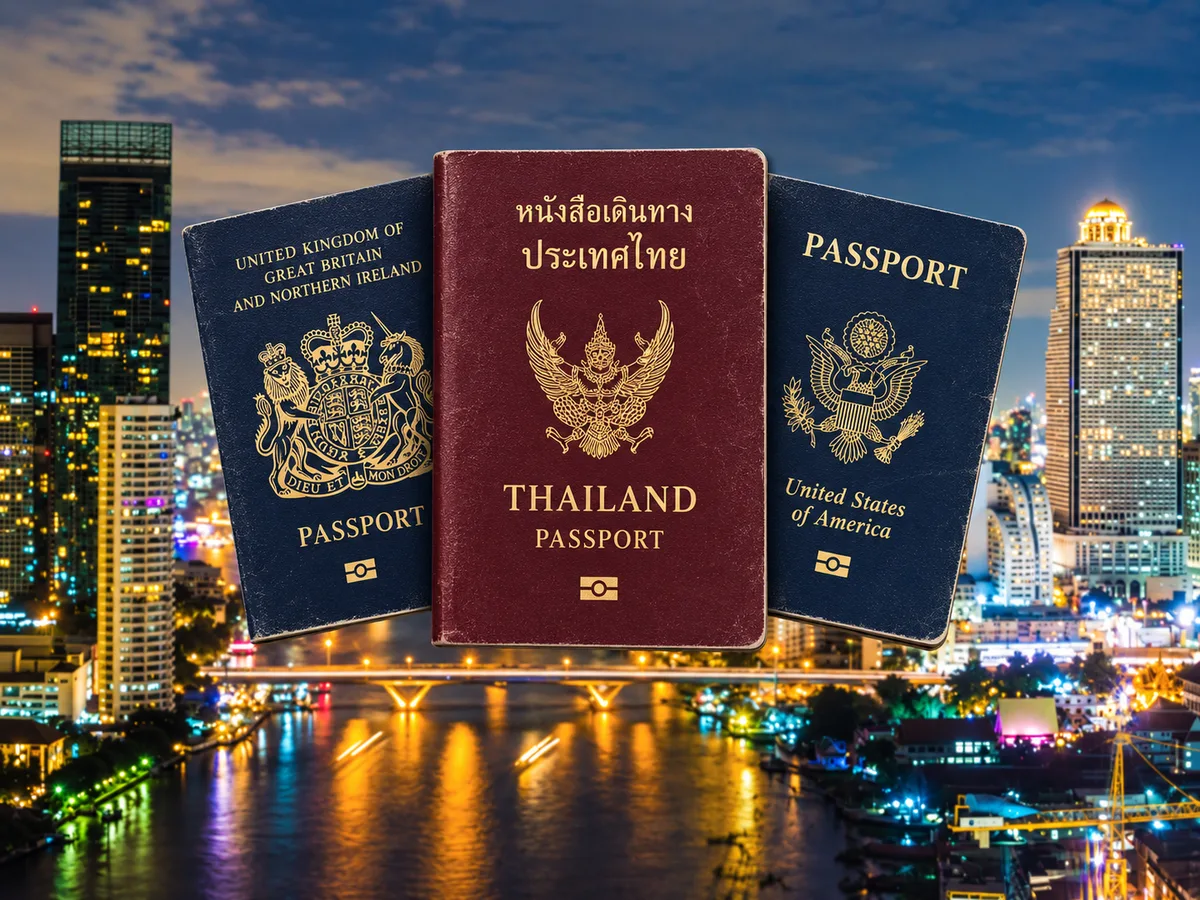 Thai citizenship and naturalisation guide: passport-cover montage (AI-assisted editorial illustration)