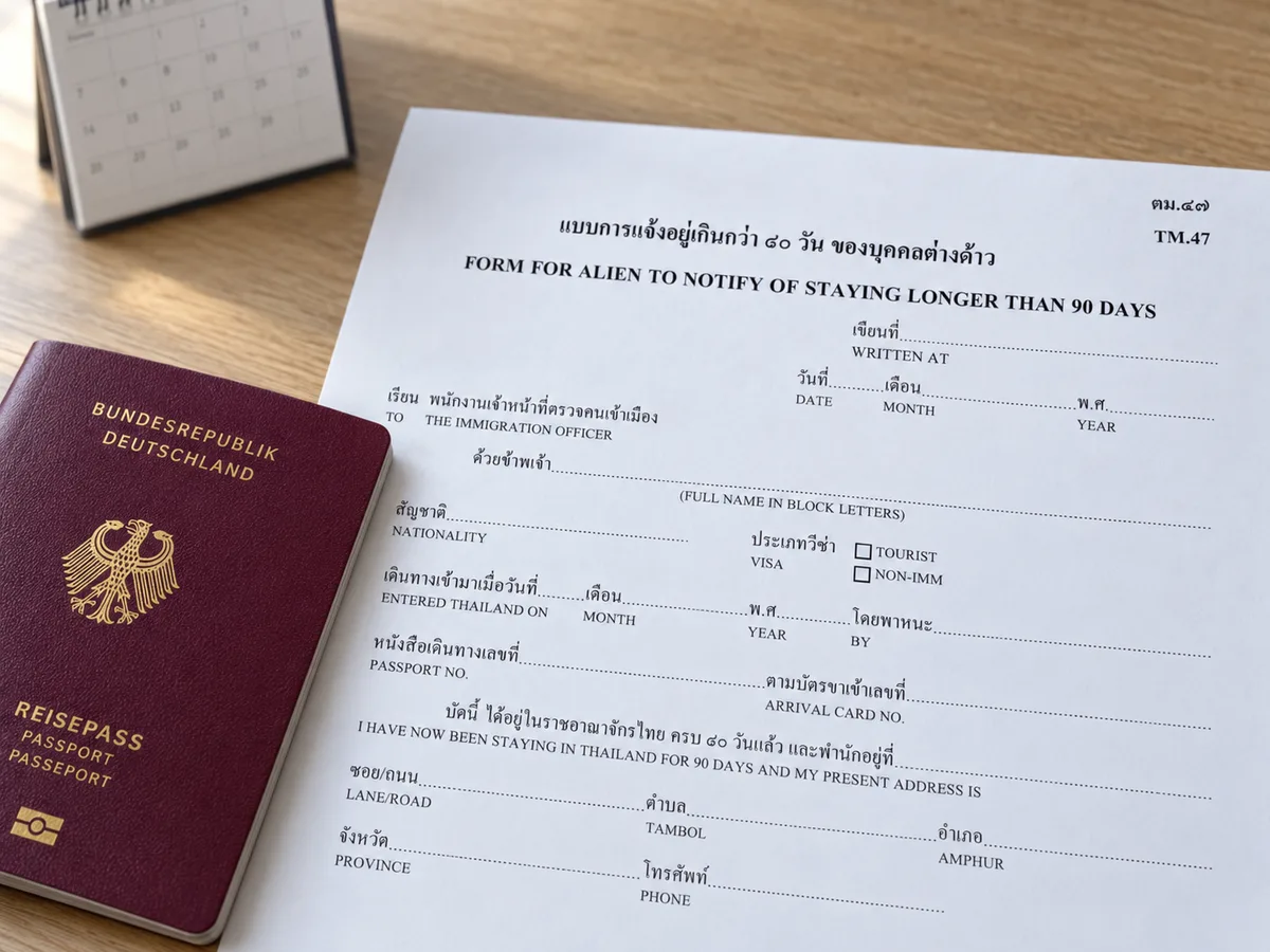 Thailand 90-day reporting guide: passport and supporting paperwork (AI-assisted editorial illustration)