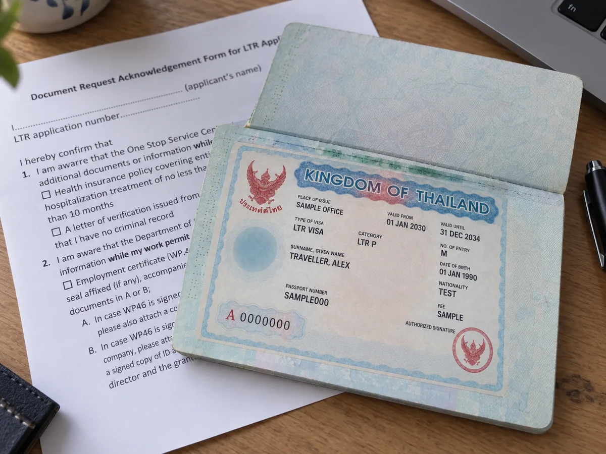 Thailand Long-Term Resident (LTR) visa guide: passport and supporting paperwork (AI-assisted editorial illustration)