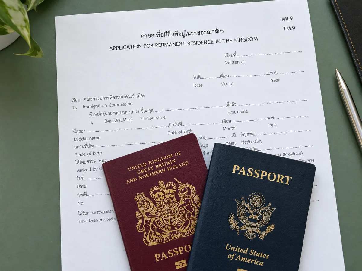 Thailand permanent residence guide: passport and supporting paperwork (AI-assisted editorial illustration)