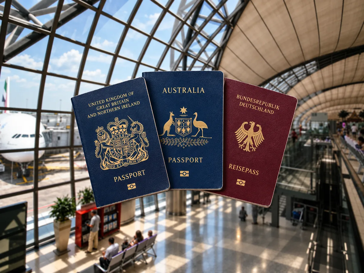 Thailand re-entry permit guide: passport-cover montage (AI-assisted editorial illustration)