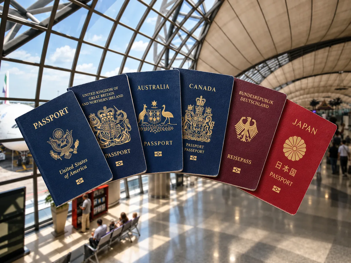 Thailand visa exemption and Visa on Arrival explained: passport-cover montage (AI-assisted editorial illustration)