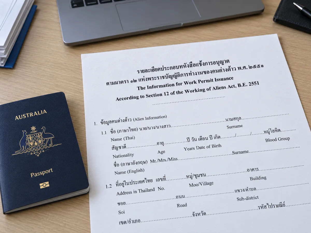 Thailand work permit guide for foreigners: passport and supporting paperwork (AI-assisted editorial illustration)