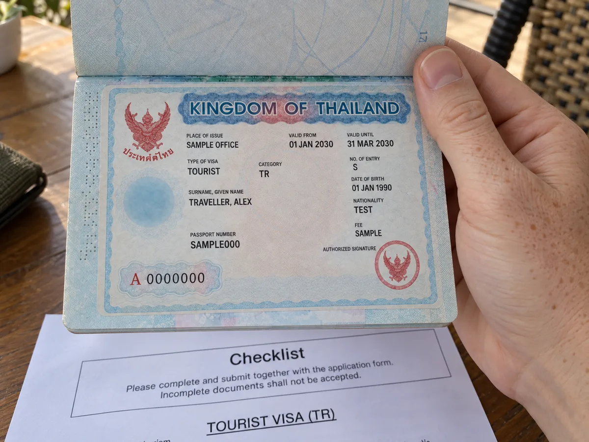 Thailand tourist visa guide: passport and supporting paperwork (AI-assisted editorial illustration)