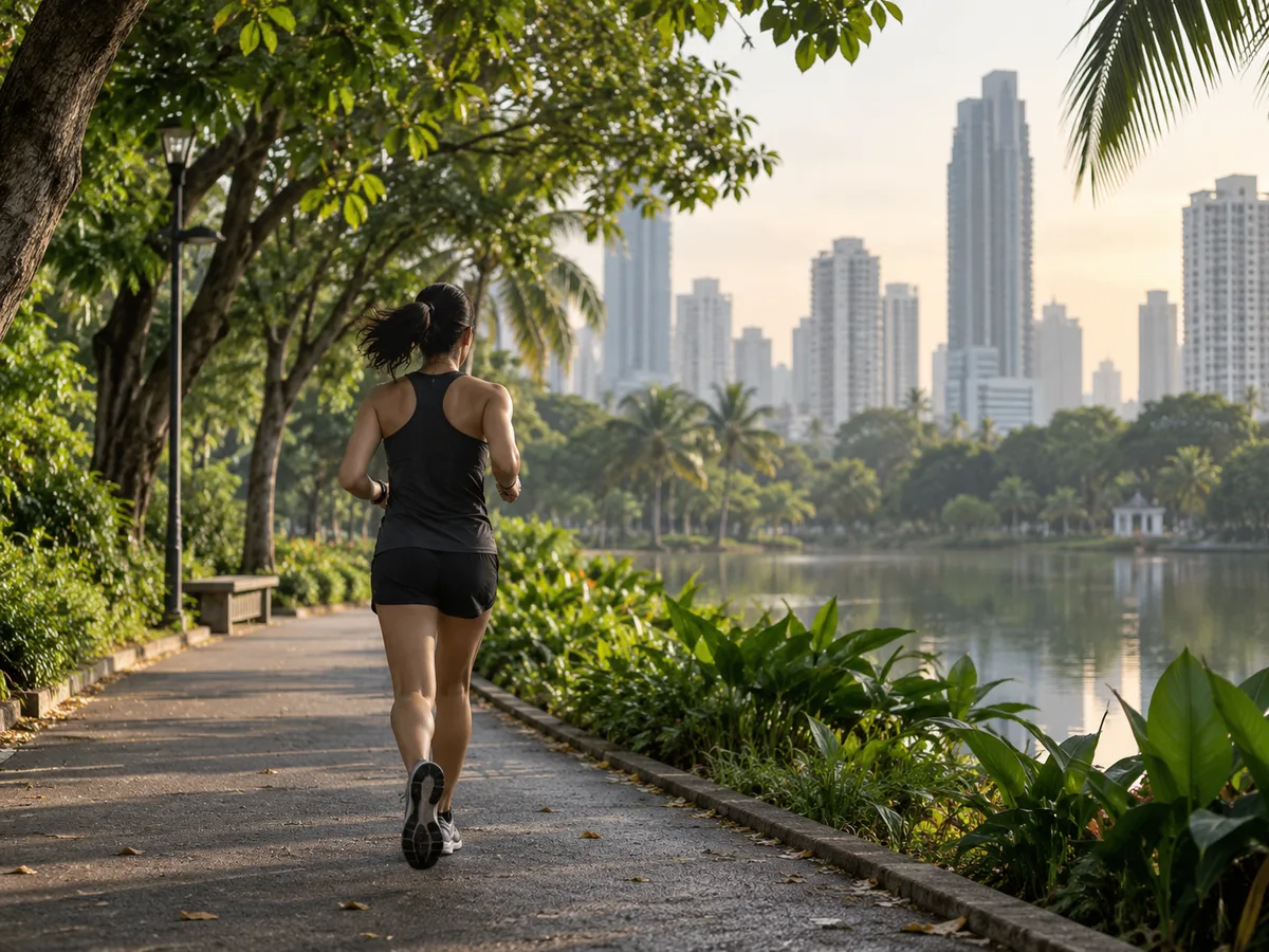 Runner on a shaded path beside an urban park lake (AI-generated editorial image)