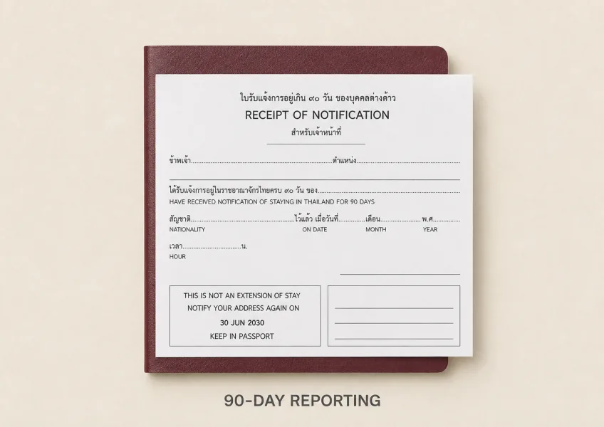 Editorial illustration of a Thailand 90-day reporting receipt with fictional details