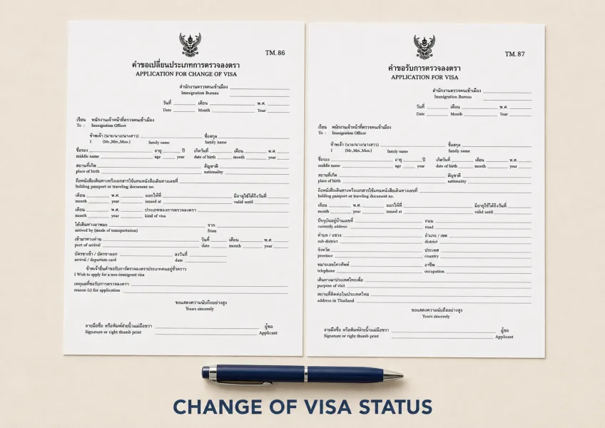 Editorial illustration of Thailand TM.86 and TM.87 visa application forms with fictional details
