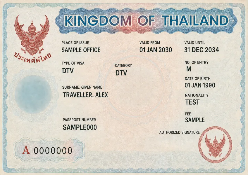 Editorial illustration of a Thailand Destination Thailand Visa sticker with fictional details