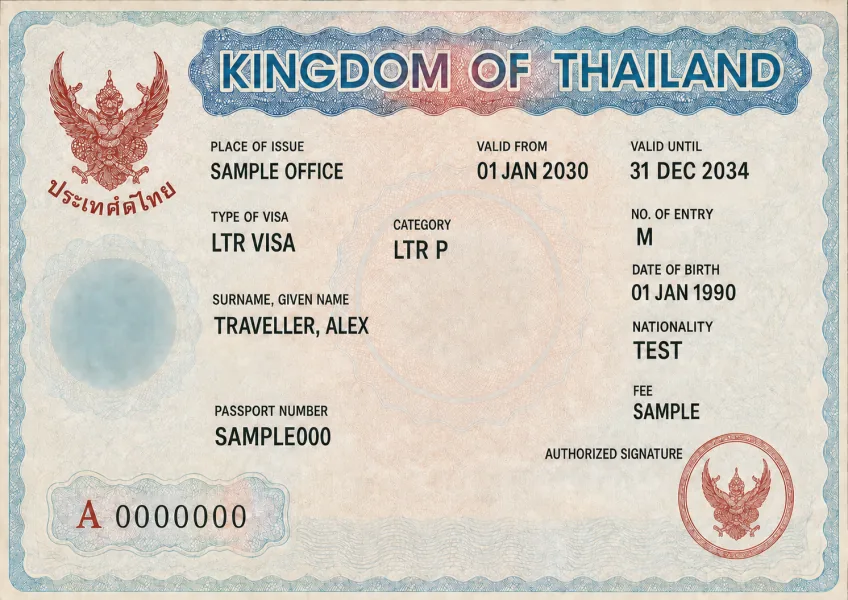 Editorial illustration of a Thailand Long-Term Resident visa sticker with fictional details