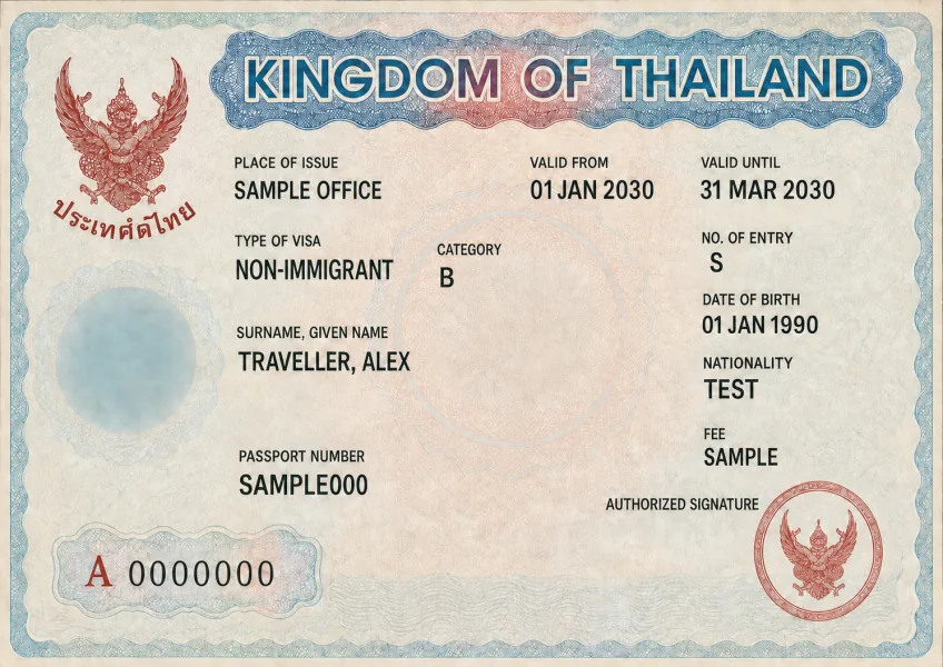 Editorial illustration of a Thailand Non-Immigrant B visa sticker with fictional details