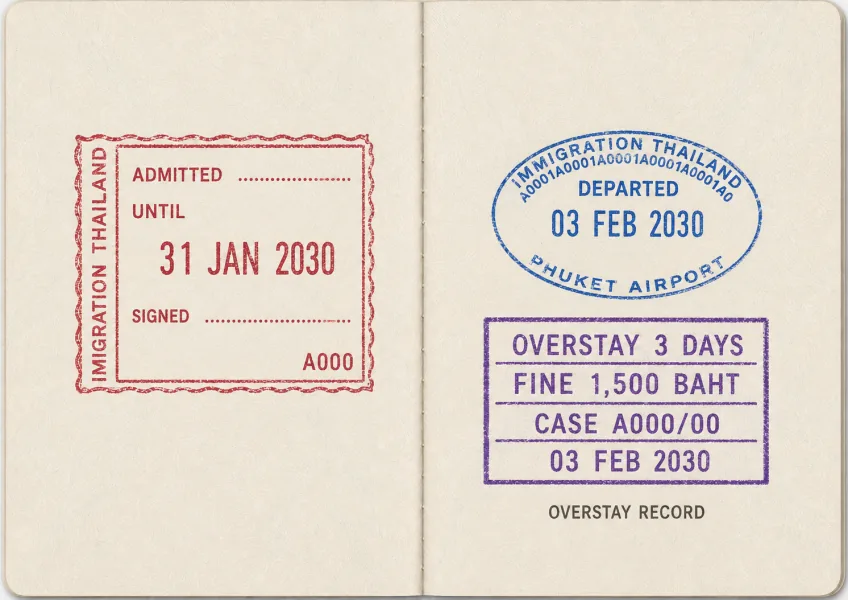 Editorial illustration of a Thai immigration overstay record in a passport with fictional details