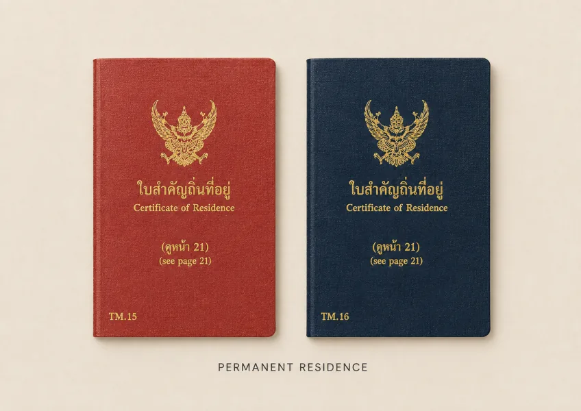 Editorial illustration of Thai permanent-residence certificate booklets with fictional details