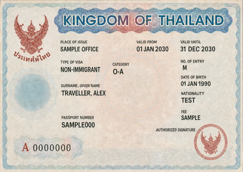 Editorial illustration of a Thailand Non-Immigrant O-A retirement visa sticker with fictional details