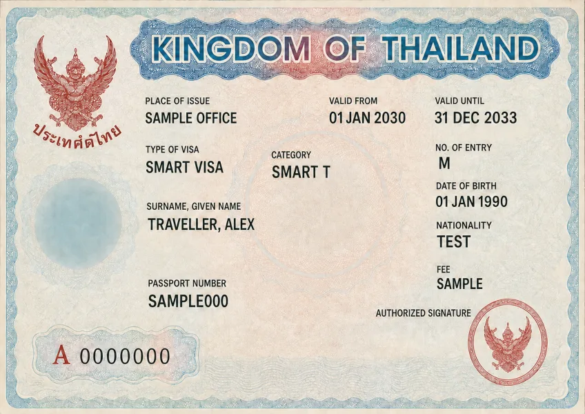 Editorial illustration of a Thailand SMART Visa sticker with fictional details