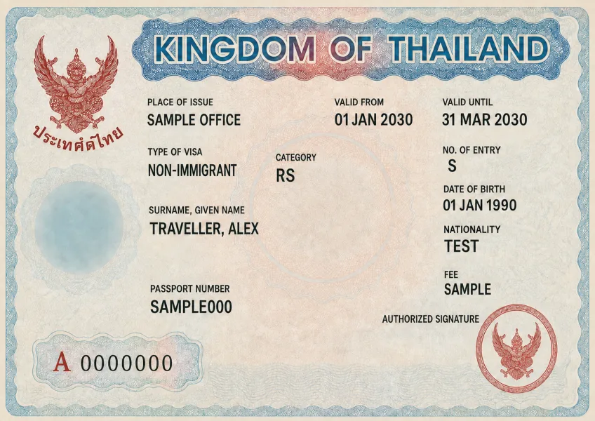 Editorial illustration of a Thailand Non-Immigrant RS research visa sticker with fictional details