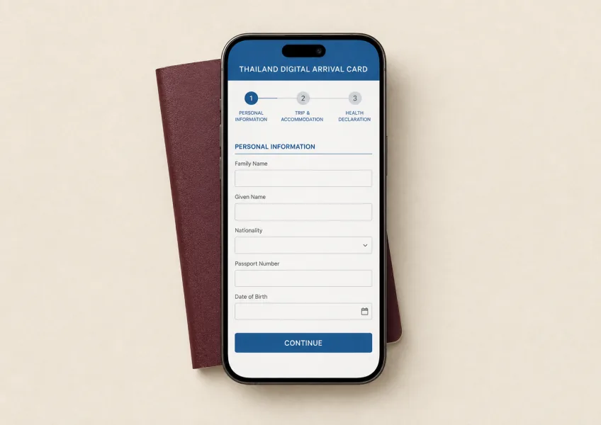 Editorial illustration of a Thailand Digital Arrival Card form on a phone with fictional details