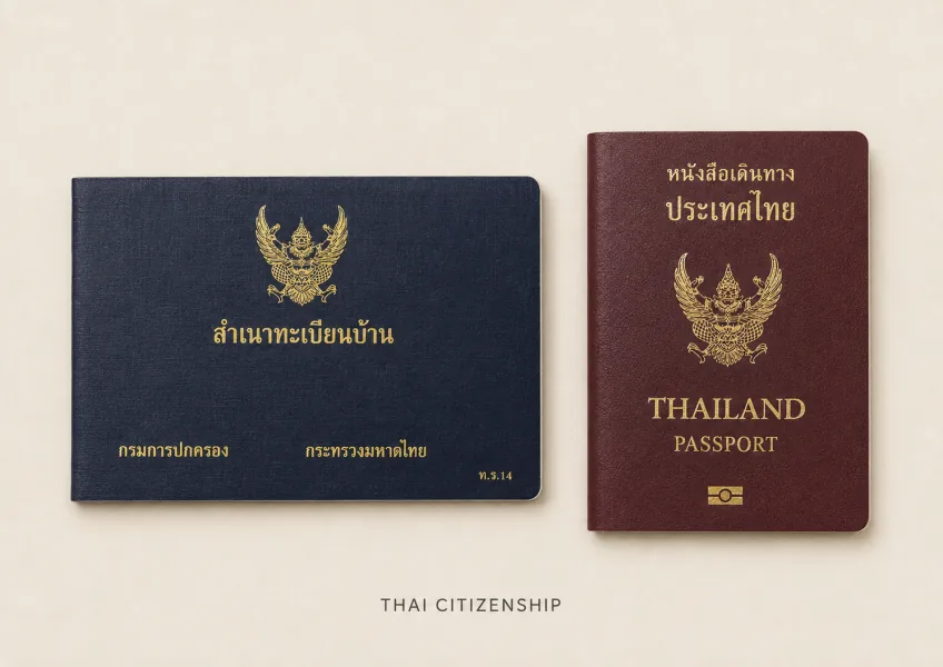 Editorial illustration of a Thai household-registration booklet and passport with fictional details