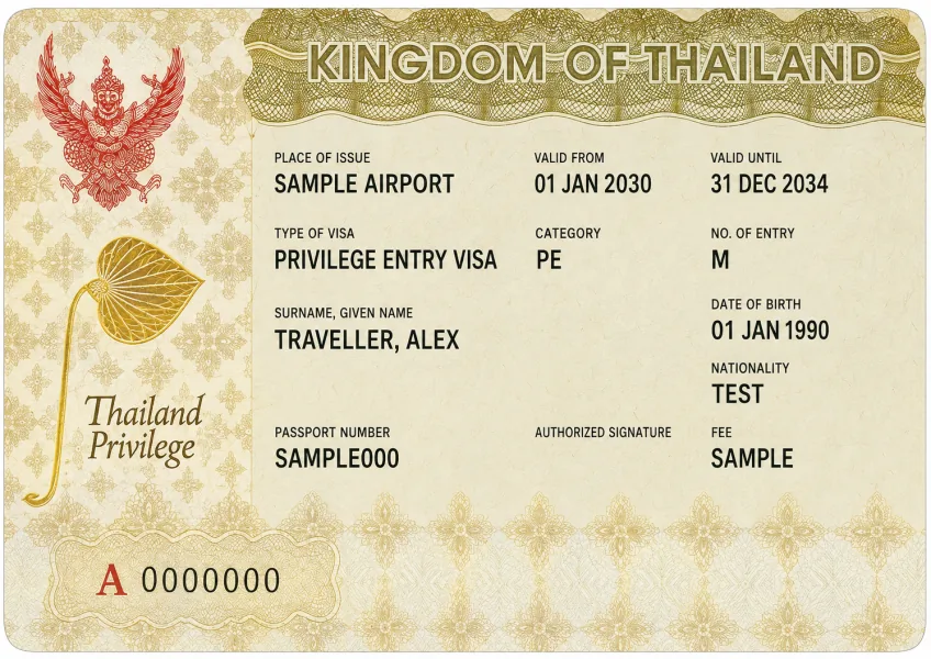 Editorial illustration of a Thailand Privilege Entry visa sticker with fictional details