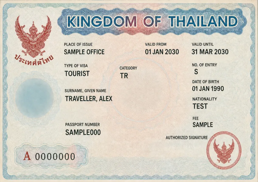Editorial illustration of a Thailand tourist visa sticker with fictional details
