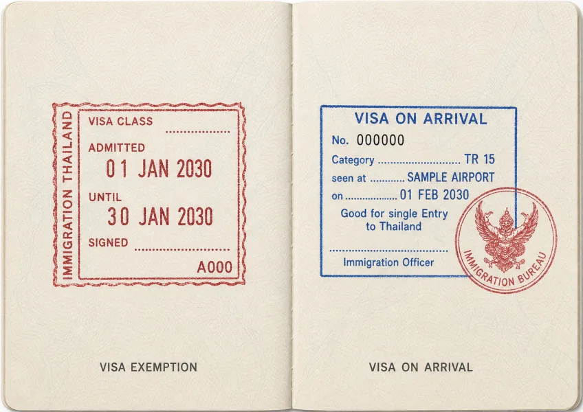 Editorial illustration of Thai visa exemption and Visa on Arrival passport stamps with fictional details