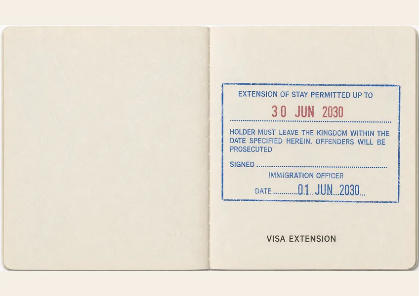 Editorial illustration of a Thai extension-of-stay stamp in a passport with fictional details