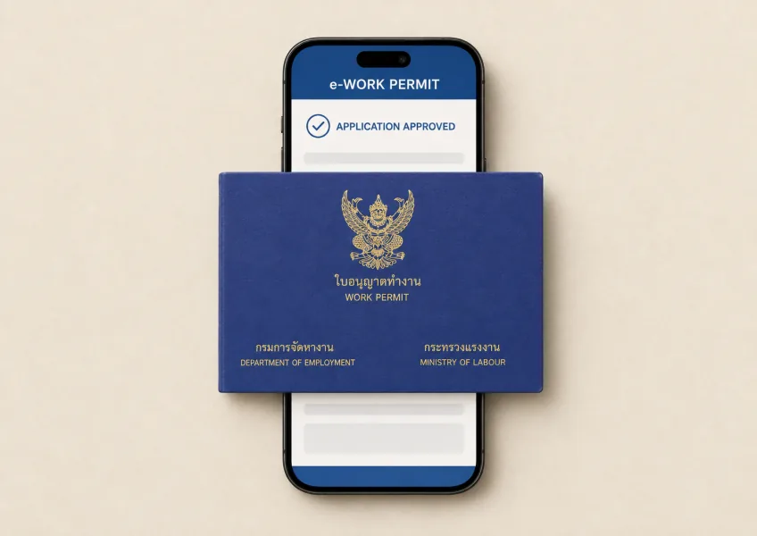 Editorial illustration of a Thai work permit booklet and e-WorkPermit screen with fictional details